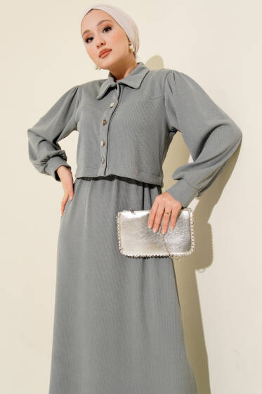 Önü Düğmeli İkili Takım Elbise Gri - İkili Takım