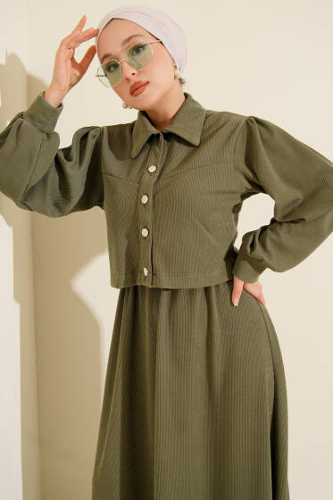 Önü Düğmeli İkili Takım Elbise Haki - İkili Takım
