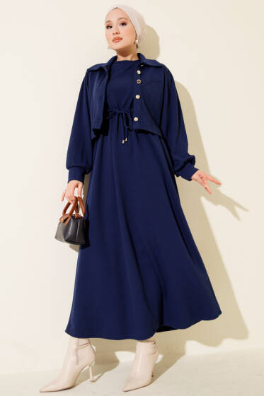 Önü Düğmeli İkili Takım Elbise Lacivert - İkili Takım