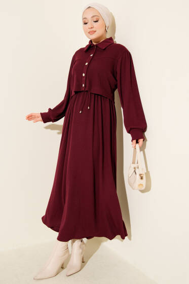 Önü Düğmeli İkili Takım Elbise Mürdüm - İkili Takım