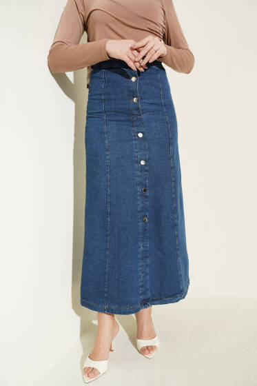 Önü Düğmeli İnce Kot Etek Kot - Etek