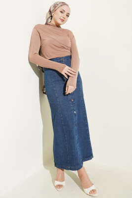 Önü Düğmeli İnce Kot Etek Kot - Etek