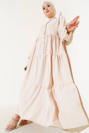 Önü Düğmeli Kat Kat Basic Elbise Bej - Elbise