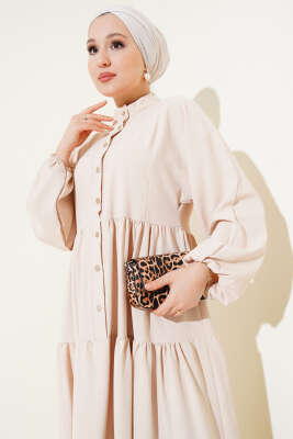 Önü Düğmeli Kat Kat Basic Elbise Bej - Tesettür Elbise