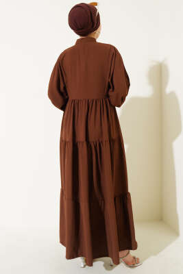Önü Düğmeli Kat Kat Basic Elbise Kahve - Tesettür Elbise
