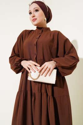 Önü Düğmeli Kat Kat Basic Elbise Kahve - Tesettür Elbise