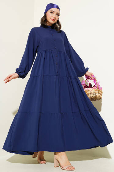 Önü Düğmeli Kat Kat Basic Elbise Lacivert - Elbise
