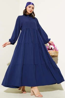 Önü Düğmeli Kat Kat Basic Elbise Lacivert - HBS