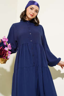 Önü Düğmeli Kat Kat Basic Elbise Lacivert - Tesettür Elbise