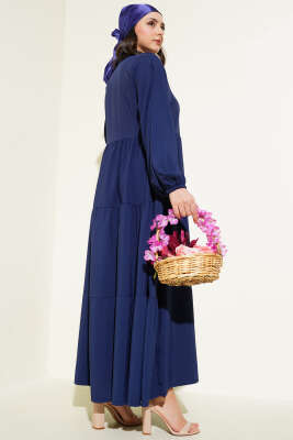 Önü Düğmeli Kat Kat Basic Elbise Lacivert - Tesettür Elbise