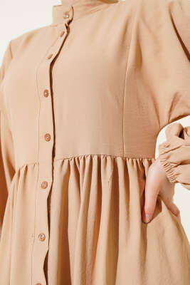 Önü Düğmeli Kat Kat Basic Elbise Latte - Tesettür Elbise