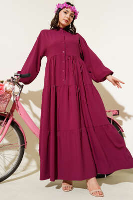 Önü Düğmeli Kat Kat Basic Elbise Mürdüm