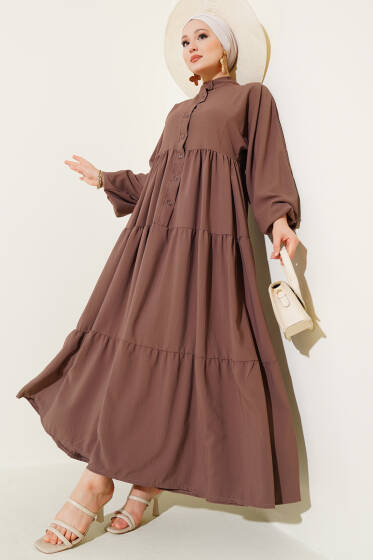 Önü Düğmeli Kat Kat Basic Elbise Vizon - Elbise