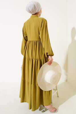 Önü Düğmeli Kat Kat Basic Elbise Yağ Yeşili - Tesettür Elbise