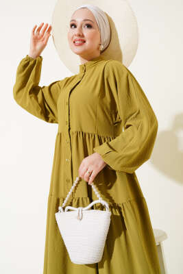 Önü Düğmeli Kat Kat Basic Elbise Yağ Yeşili - Tesettür Elbise