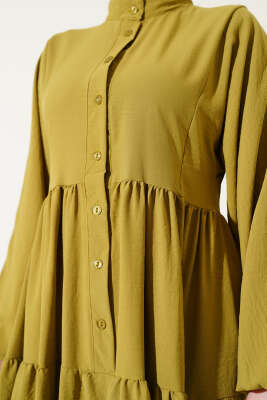 Önü Düğmeli Kat Kat Basic Elbise Yağ Yeşili - Tesettür Elbise