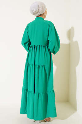 Önü Düğmeli Kat Kat Basic Elbise Yeşil - Tesettür Elbise