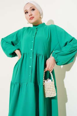 Önü Düğmeli Kat Kat Basic Elbise Yeşil - Tesettür Elbise