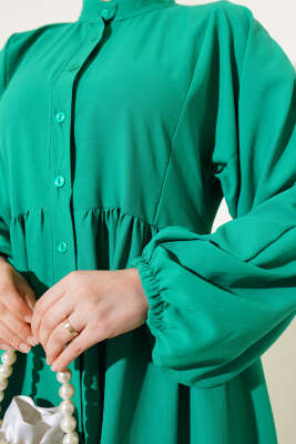 Önü Düğmeli Kat Kat Basic Elbise Yeşil - Tesettür Elbise