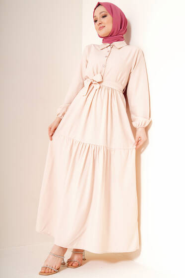 Önü Düğmeli Kat Model Elbise Bej - Tesettür Elbise