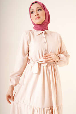 Önü Düğmeli Kat Model Elbise Bej - Tesettür Elbise