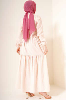 Önü Düğmeli Kat Model Elbise Bej - Tesettür Elbise