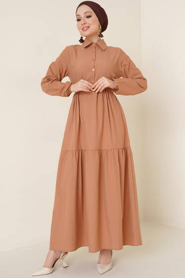 Önü Düğmeli Kat Model Elbise Camel - Tesettür Elbise