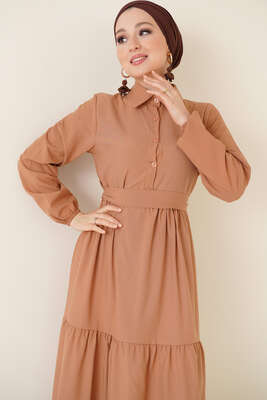 Önü Düğmeli Kat Model Elbise Camel - Tesettür Elbise