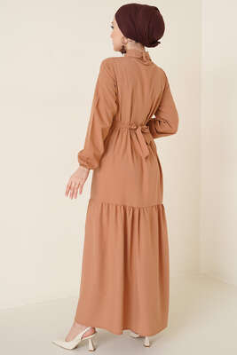 Önü Düğmeli Kat Model Elbise Camel - Tesettür Elbise