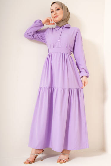 Önü Düğmeli Kat Model Elbise Lila - Tesettür Elbise