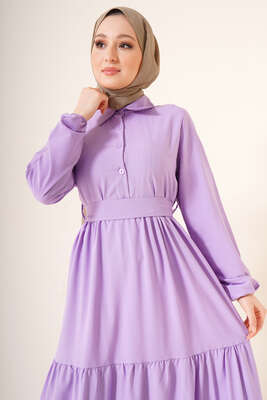 Önü Düğmeli Kat Model Elbise Lila - Tesettür Elbise