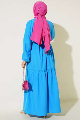 Önü Düğmeli Kat Model Elbise Mavi - Tesettür Elbise
