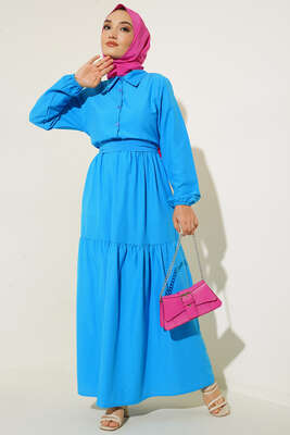 Önü Düğmeli Kat Model Elbise Mavi - Thumbnail