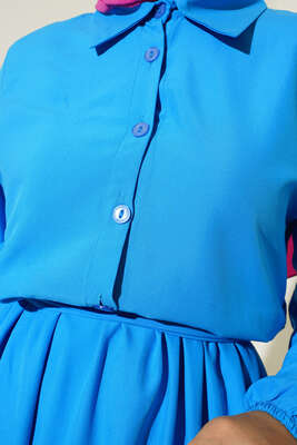 Önü Düğmeli Kat Model Elbise Mavi - Thumbnail