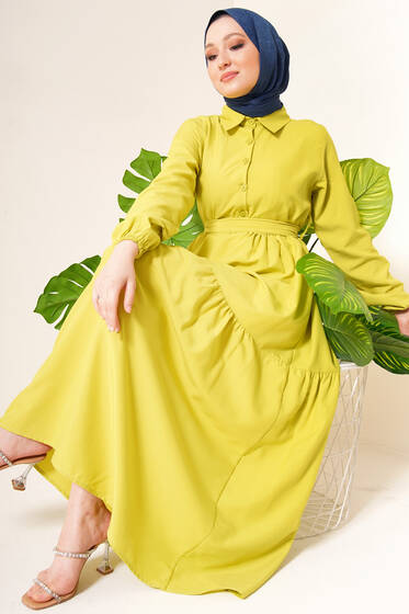 Önü Düğmeli Kat Model Elbise Neon Yeşil - Tesettür Elbise