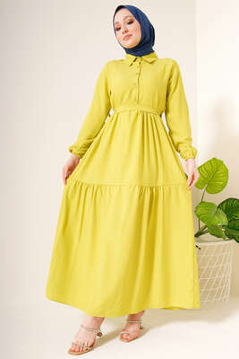 Önü Düğmeli Kat Model Elbise Neon Yeşil - Tesettür Elbise