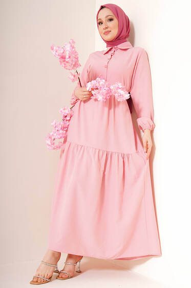 Önü Düğmeli Kat Model Elbise Pudra - Tesettür Elbise