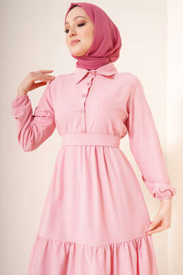 Önü Düğmeli Kat Model Elbise Pudra - Tesettür Elbise