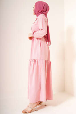 Önü Düğmeli Kat Model Elbise Pudra - Tesettür Elbise