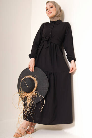 Önü Düğmeli Kat Model Elbise Siyah - Tesettür Elbise