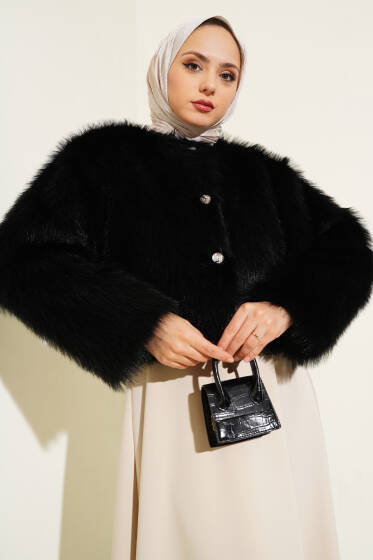 	 Önü Düğmeli Kısa Kürk Mont Siyah - Mont