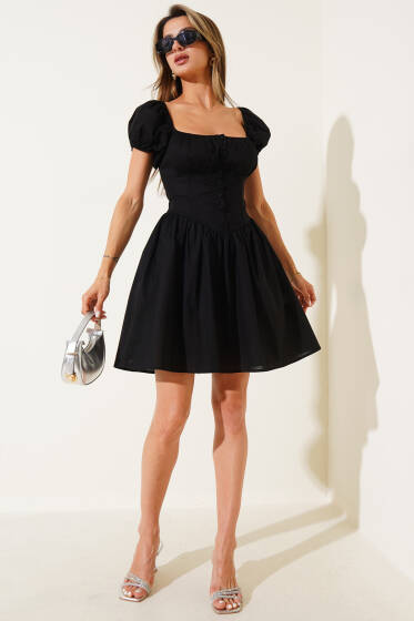 Önü Düğmeli Kloş Elbise Siyah - Kadın Giyim Modelleri