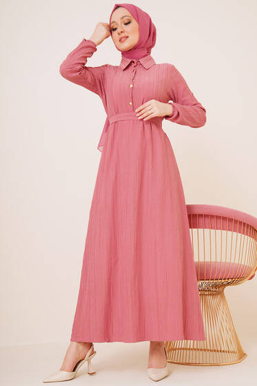 Önü Düğmeli Kuşaklı Elbise Gül Kurusu - Tesettür Elbise