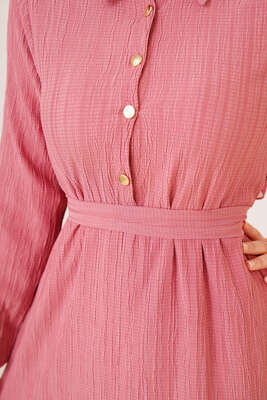 Önü Düğmeli Kuşaklı Elbise Gül Kurusu - Thumbnail