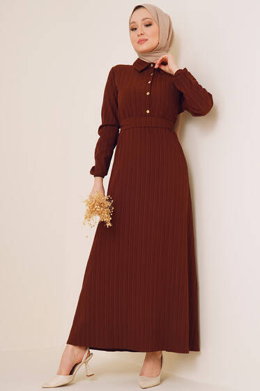 Önü Düğmeli Kuşaklı Elbise Kahve - Tesettür Elbise