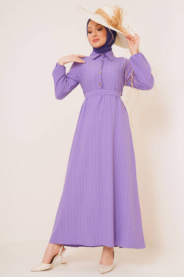 Önü Düğmeli Kuşaklı Elbise Lila - Tesettür Elbise
