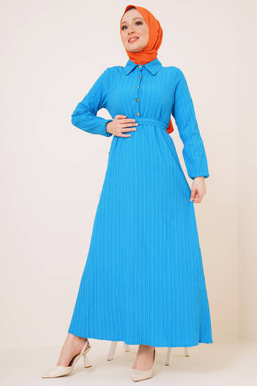 Önü Düğmeli Kuşaklı Elbise Mavi - Tesettür Elbise