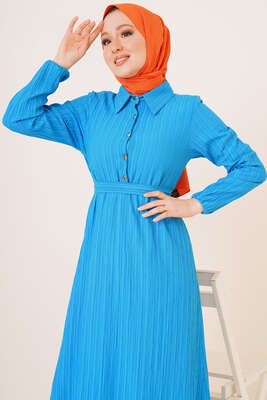 Önü Düğmeli Kuşaklı Elbise Mavi - Thumbnail
