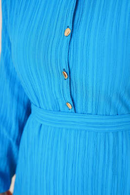 Önü Düğmeli Kuşaklı Elbise Mavi - Thumbnail