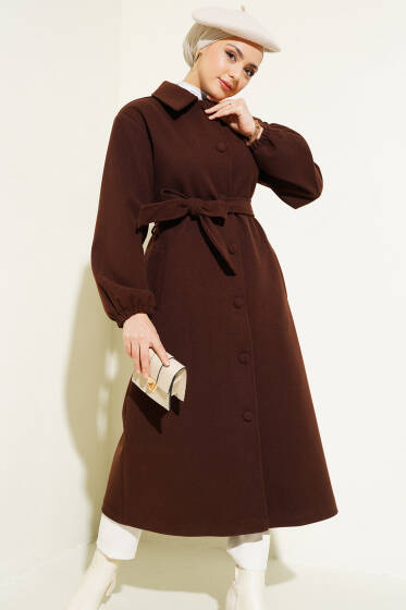 Önü Düğmeli Kuşaklı Kaşe Kaban Acı Kahve - Kaban